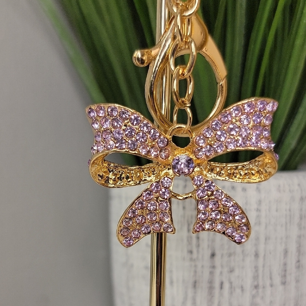 Purple Gold Bow Keychain Bag charm Rhinestone - Picture 3 of 10